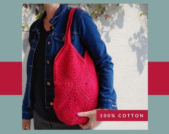 Gehäkelte Oma Square Einkaufstasche, handgemachte Boho Strandtasche