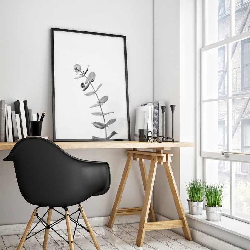 Minimalist Eucalyptus Nature Wall Decor FRAMED Leaf Black and White Photo Print Clean Modern Poster Wall Art Photography Living Room
