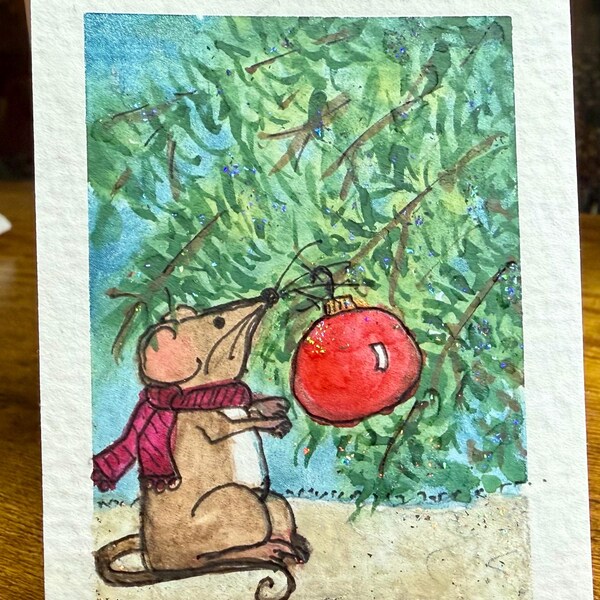 Dove Cottage Art original tiny watercolor painting mouse Winters Eve 2 x 3 in