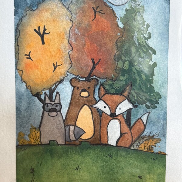 Sweet forest moonlight friends original 5x7 watercolor painting