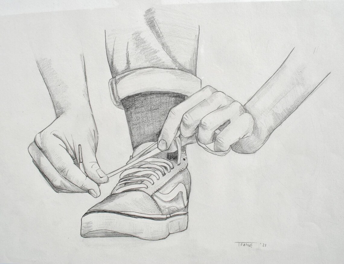 Tying My Laces pencil drawing Etsy