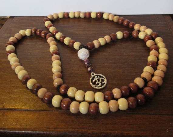 Mala - 108 bead necklace with Om and white rose