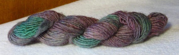 Dusty Comfort - Hand spun, hand dyed, purple and green variegated merino mini skein *MS1001