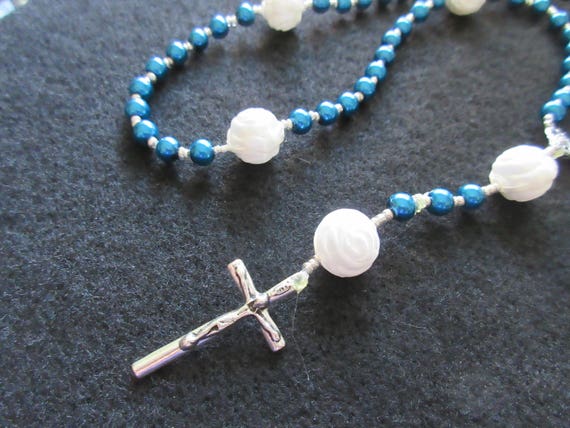 Rosary Beads - Blue with white roses