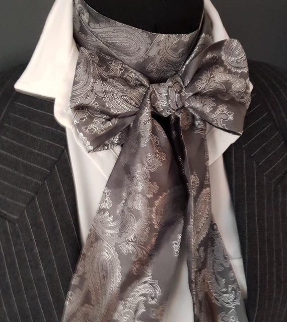 GREY SILVER SATIN PAISLEY SELF TIE CRAVAT VICTORIAN STEAMPUNK WEDDING ASCOT