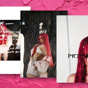 May include: A collage featuring a person with long magenta hair wearing a white bra, white shorts, and a crown. Text on the left reads: PRIMA means 1. First 2. PRIMA Ballerina - high ranking soloist someone undeniable in their art. I'm trying to be the PRIMA of pop music and this is the first step towards that. The right image shows the word PRIMA.