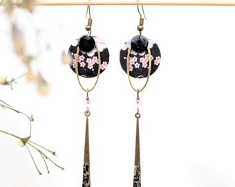 Japanese long earrings with pink cherry blossoms or pastel green or navy blue gold patterns Cherry Blossom model