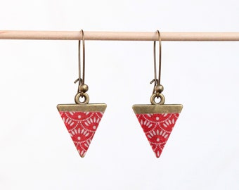 Original red and bronze earrings with Japanese motifs, Yakigashi model