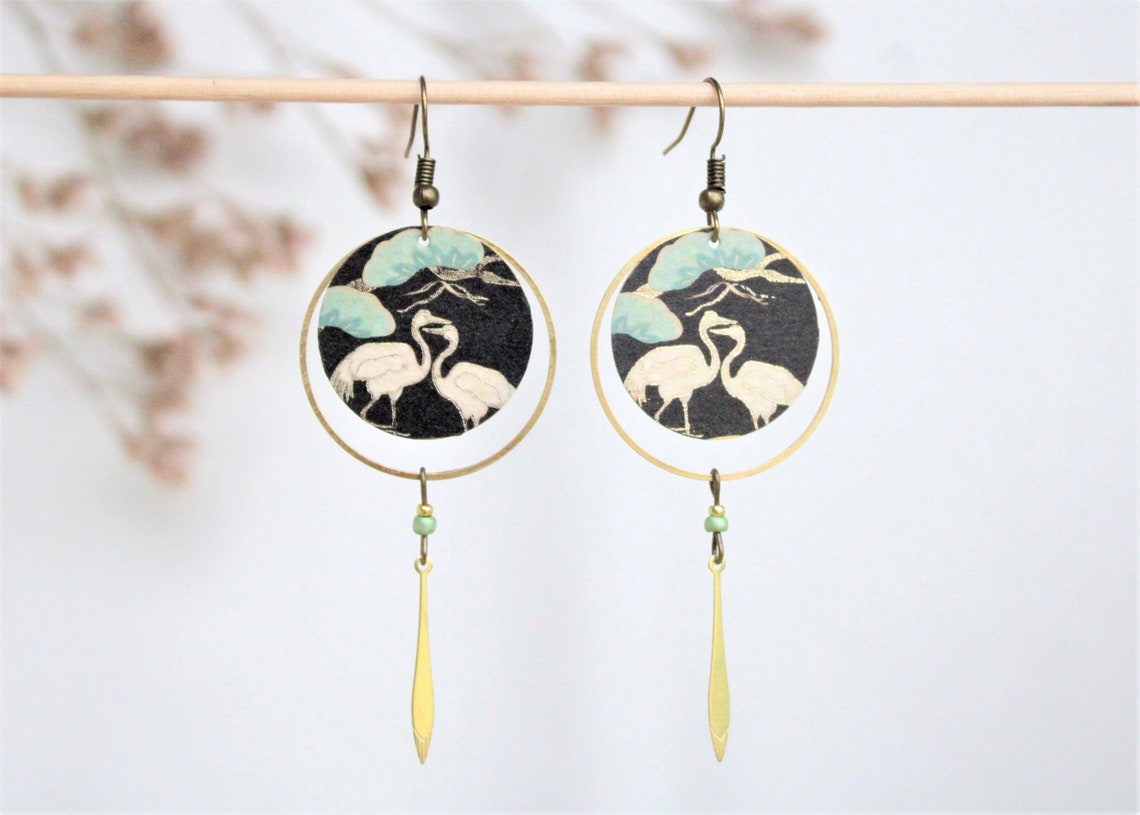 Boucles D'oreilles Plaque Vert Céladon Décor Floral - Années 70, Occasion