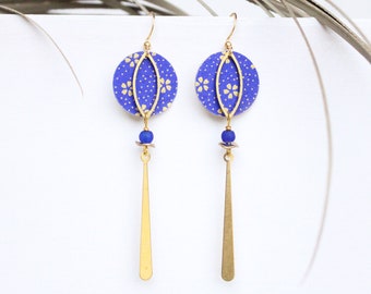 Boucles d'oreilles rondes bronze et bleu klein cobalt Modèle Eimi 詠美 : beau récit