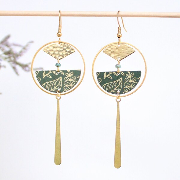 Boucles d'oreilles terra cotta ou vert ou noir et doré  fantaisie rondes cercles motifs nature feuilles crochet inoxydable cadeau pour elle