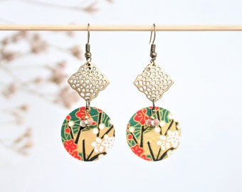 Long Japanese minimalist fir green and bronze earrings