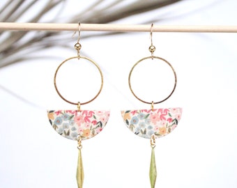 Long earrings, multicolor watercolor flowers, half moon circle, pastel or bright colors and gold stainless steel, gift for her