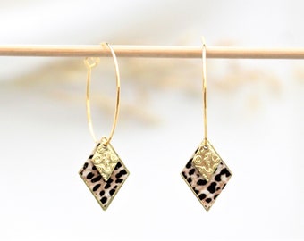 boucles d'oreilles anneaux créoles inoxydable pendentif losange motif leopard ou scandinave noir doré ou fleurs cerisier kaki