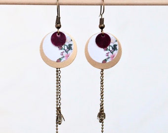 Long Japanese pink and bronze earrings Marumi 丸美 model: beautiful circle