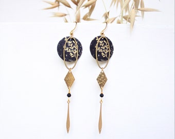 Boucles d'oreilles longues japonaises noir et or et bronze Modèle Miya 美弥 : toujours plus belle