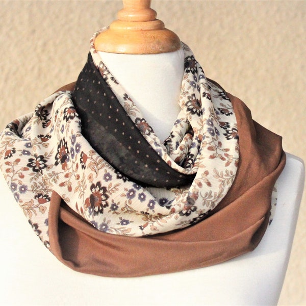 Foulard circulaire Infinity soie marron et voile fleurs marron noir gris tour de cou double mix and match