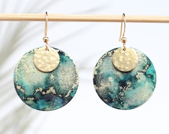 Fancy earrings round circles watercolor patterns marbled blue green artisanal gift for her for mom stainless hook