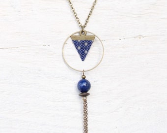 Bronze necklace STARS ASANOHA reversible pendant Japanese navy triangle bead lapis lazuli gem boho fantasy necklace