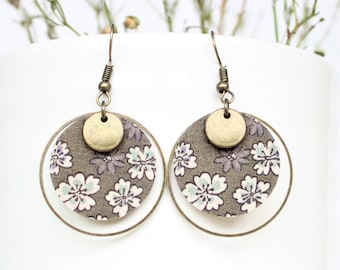 Handmade khaki green floral fabric earrings fancy round circles liberty patterns stainless hook or bronze blue flower