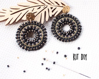 KIT DIY BIJOUX Perles boucles oreilles rondes tissage Miyuki tons doré et blanc ivoire ou bleu marine ou noir idée cadeau loisirs créatifs