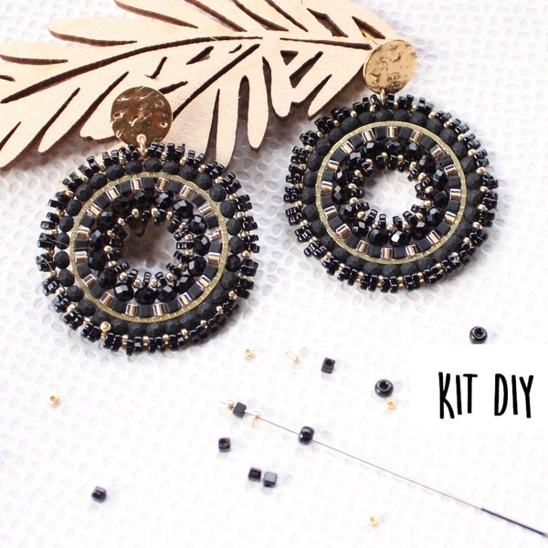 KIT DIY BIJOUX Perles boucles oreilles rondes tissage Miyuki tons doré et blanc ivoire ou bleu marine ou noir idée cadeau loisirs créatifs