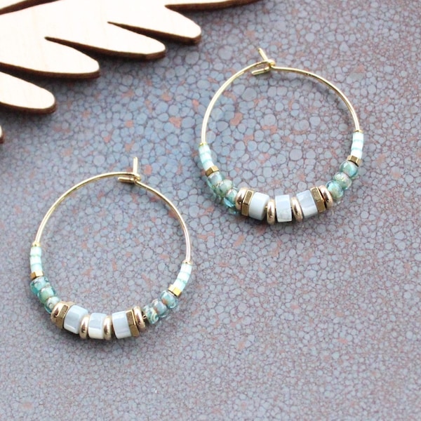 hoop earrings gold stainless steel heishi beads golden hematite and ivory or light green mother-of-pearl and miyuki beads gift for her