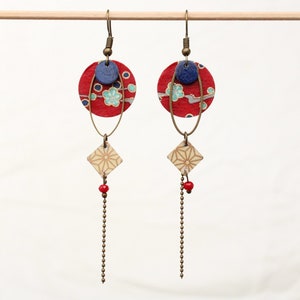 Long Japanese red and bronze earrings Mitsumichi model: unknown light rouge marine fleurs
