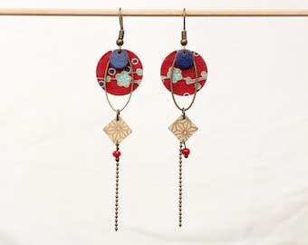 Long Japanese red and bronze earrings, Mitsumichi model: unknown light