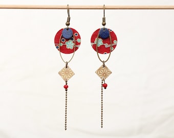 Boucles d'oreilles longues japonaises rouge et bronze Modèle Mitsumichi : lumière inconnue