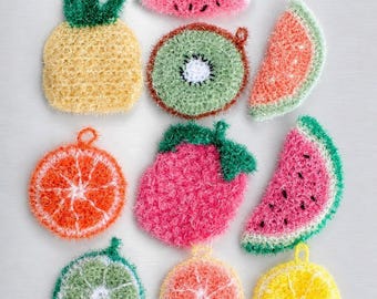 Eponges Tawashi écologiques lavables en forme de fruits : pastèque melon citron kiwi ananas orange framboise idée cadeau zéro déchet