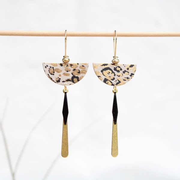 Boucles d'oreilles longues imprimé leopard demi lune motif animal noir doré cadeau pour elle st valentin