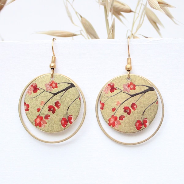 Boucles d'oreilles rondes japonaises rouge Modèle grues japonaises ou soleil crochet inoxydable bijoux pour maman fête des mères