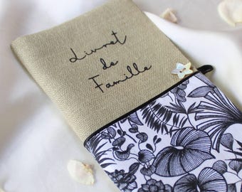 Personalized family record book cover, reinforced linen and gauze, black, navy, and gold, customizable. Original wedding gift idea.
