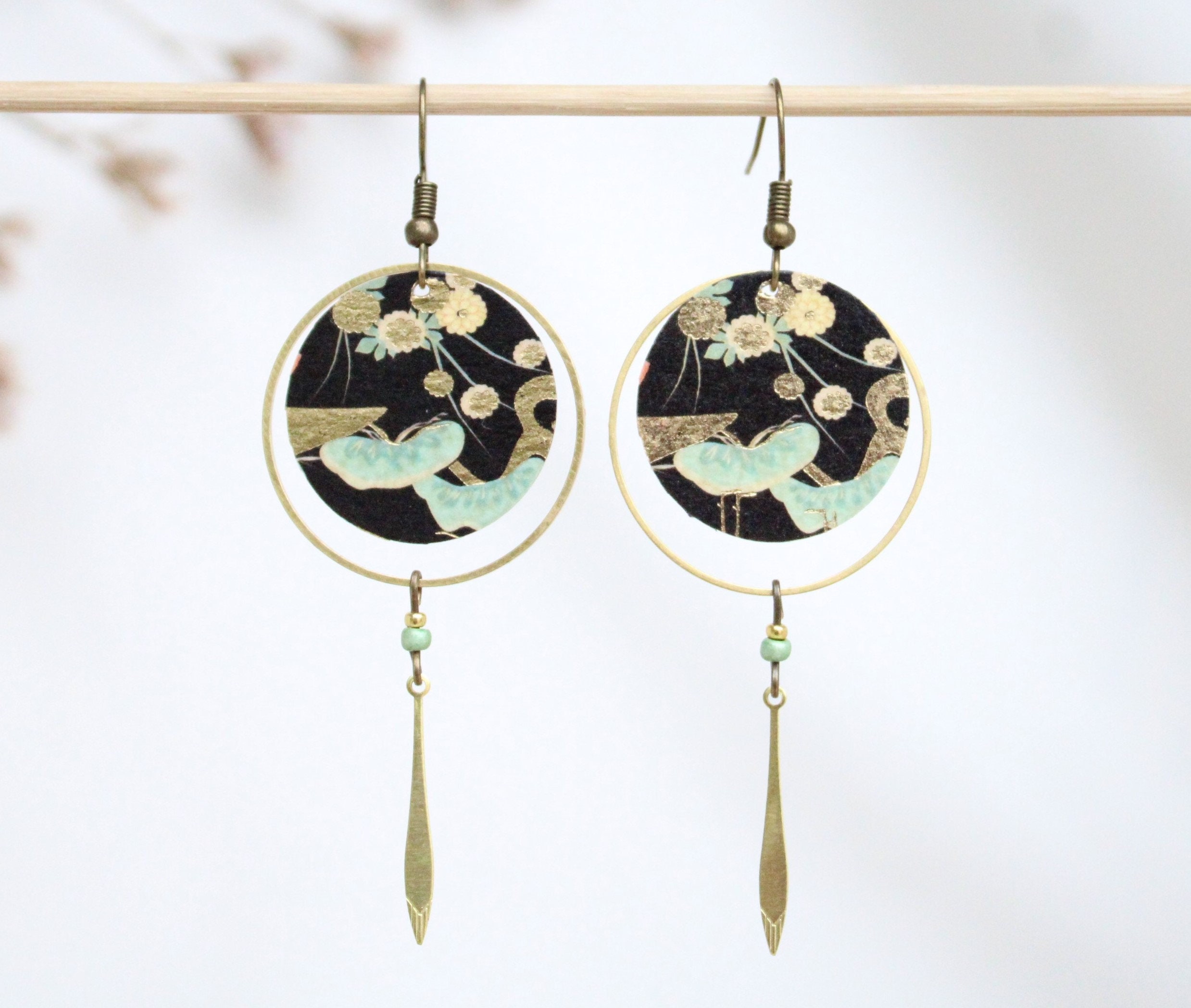 Japanese long earrings jade green celadon mint and bronze Model Hanak…