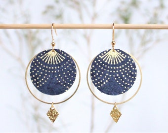 Large earrings artisanal Nepalese paper navy blue gold gray black or green jade stainless hook gift for women handmade gift