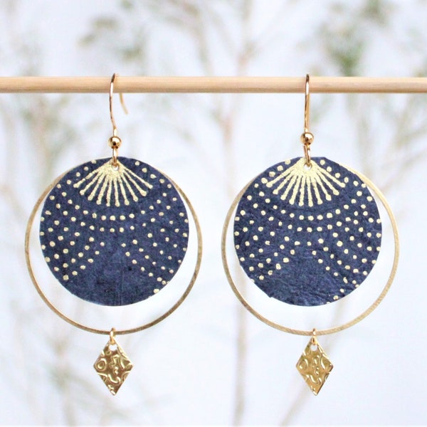 Large earrings artisanal Nepalese paper navy blue gold gray black or green jade stainless hook gift for women handmade gift