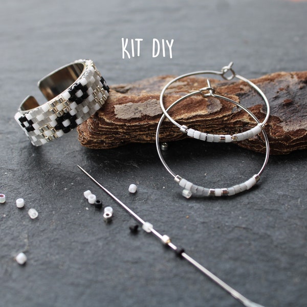 KIT DIY BIJOUX Perles Miyuki 1 bague réglable créoles couleur argent tissage à l' aiguille tons blanc noir argenté  kit activités vacances