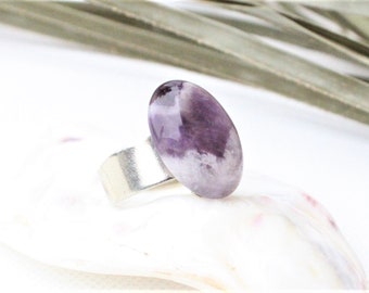 Adjustable ring bead aventurine purple or mauve silver stainless steel one size