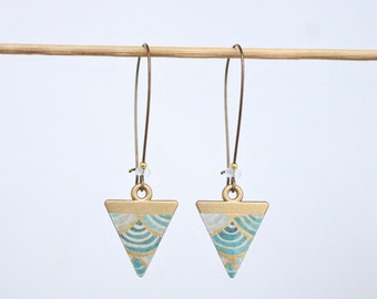 Fancy long handmade turquoise water green earrings with Japanese wave patterns Seigaiha triangle or round model