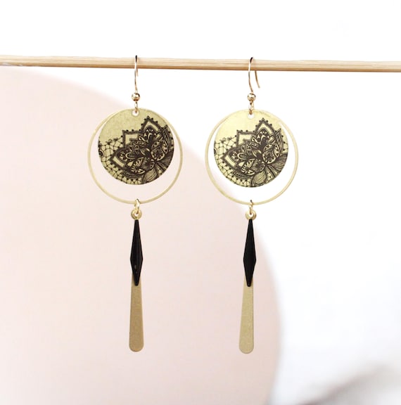 Boucles d'oreilles longues japonaises noir et or et bronze Modèle Miya 美弥 : toujours plus belle