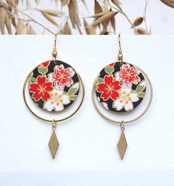 Pendentif Rond Fleurs Multicolores Inspiré Washi Japonais - Verre Rose - Fait Main Neuf