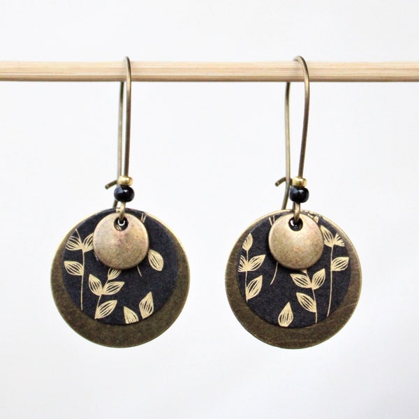 Boucles d'oreilles rondes noir et or Modèle fêtes brocart Jacquard baroque gift for her cadeau anniversaire  fait mains