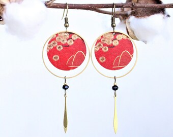 Boucles d'oreilles longues japonaises rouge noir et bronze Modèle Hanaki: fleurs et arbres crochet bronze ou doré inoxydable