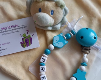 Personalized turquoise and white pacifier attachment