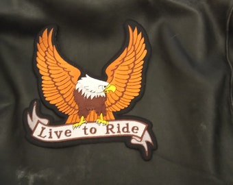 Large embroidered iron-on badge patch for back of jacket