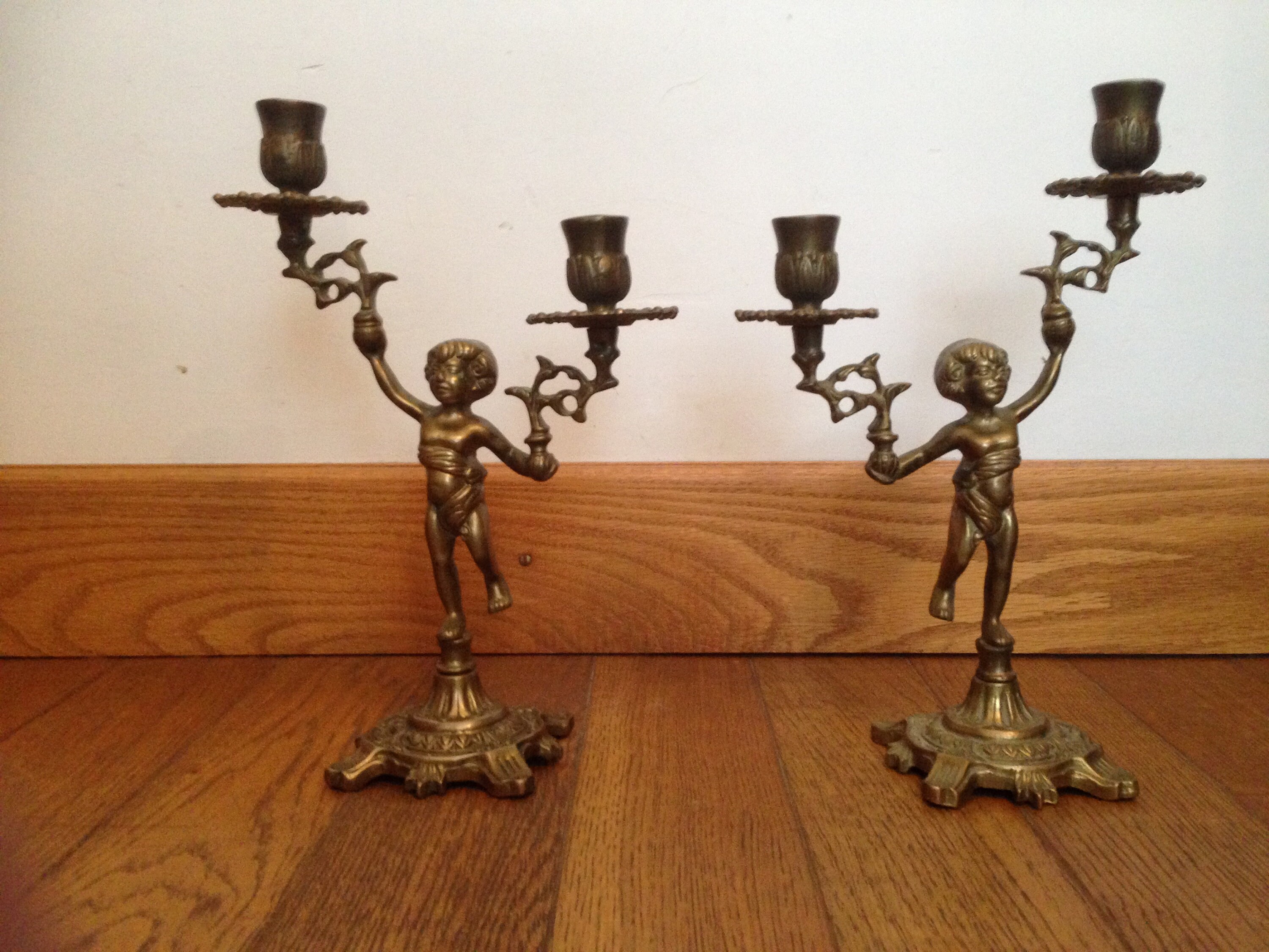 Paire de Bougeoirs Angelots, Chérubins 2 Lumières en Bronze