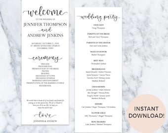 Wedding Program Template, Classic Calligraphy Modern Rustic Wedding Ceremony Program, DIY, Instant Download, Editable PDF, 8.5x11