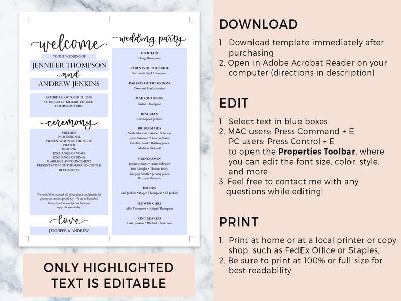 Wedding Program Template, Classic Calligraphy Modern Rustic Wedding Ceremony Program, DIY, Instant Download, Editable PDF, 8.5x11 image 8