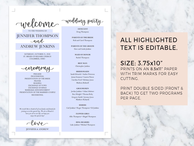 Wedding Program Template, Classic Calligraphy Modern Rustic Wedding Ceremony Program, DIY, Instant Download, Editable PDF, 8.5x11 image 7